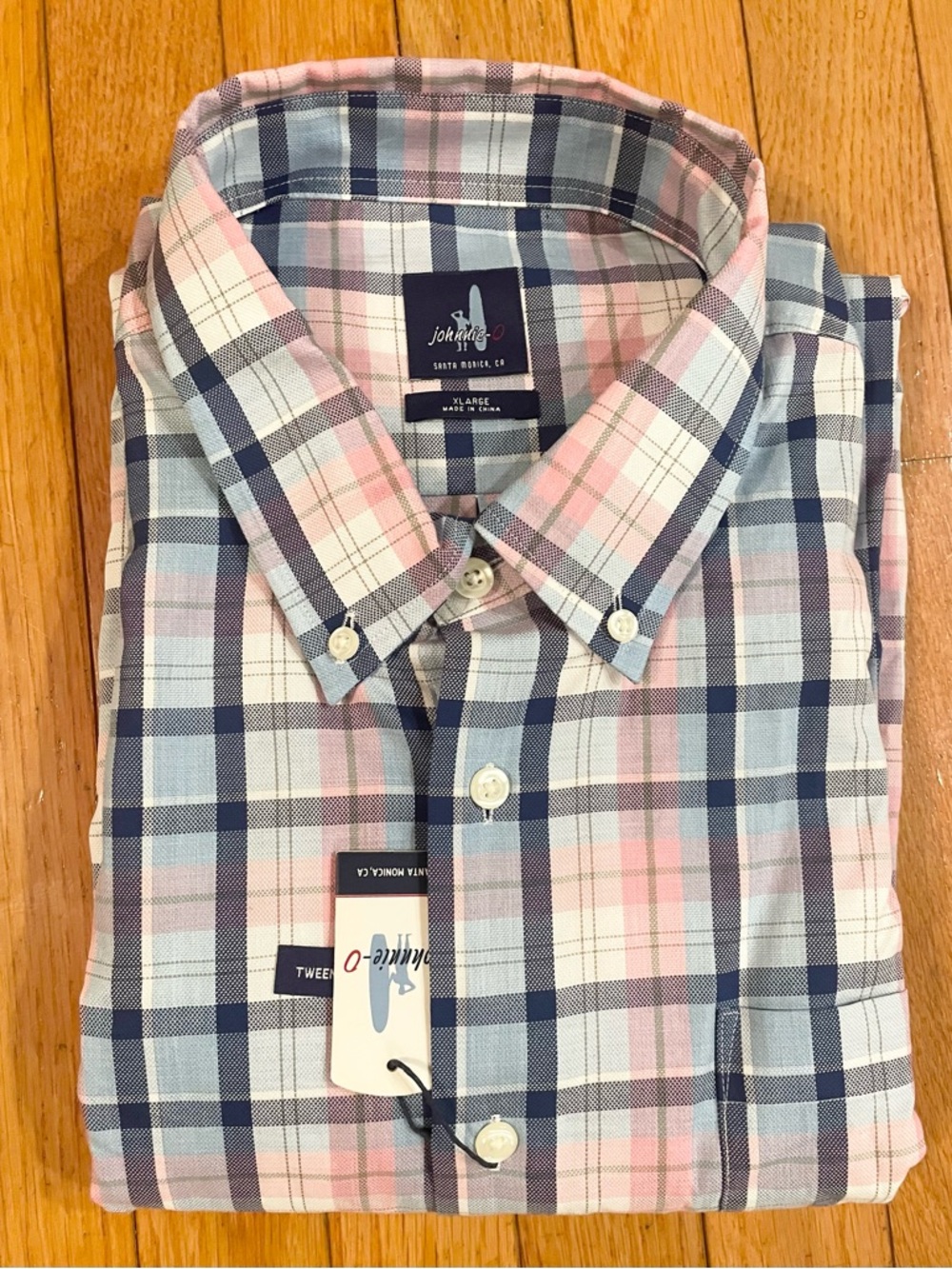 NWT- Johnnie-O Pink and Navy Plaid Button-Down Dress Shirt Sz XL
